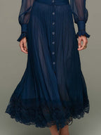 Navy Chiffon Pleated Ruffled Button-down Lace Maxi Dress