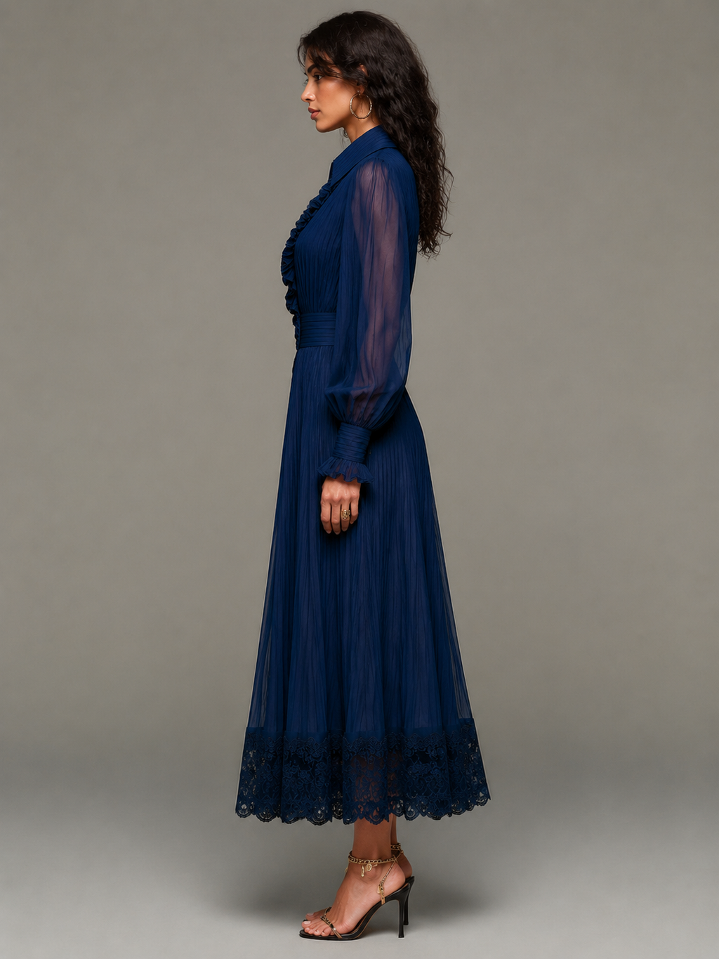 Navy Chiffon Pleated Ruffled Button-down Lace Maxi Dress
