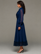 Navy Chiffon Pleated Ruffled Button-down Lace Maxi Dress