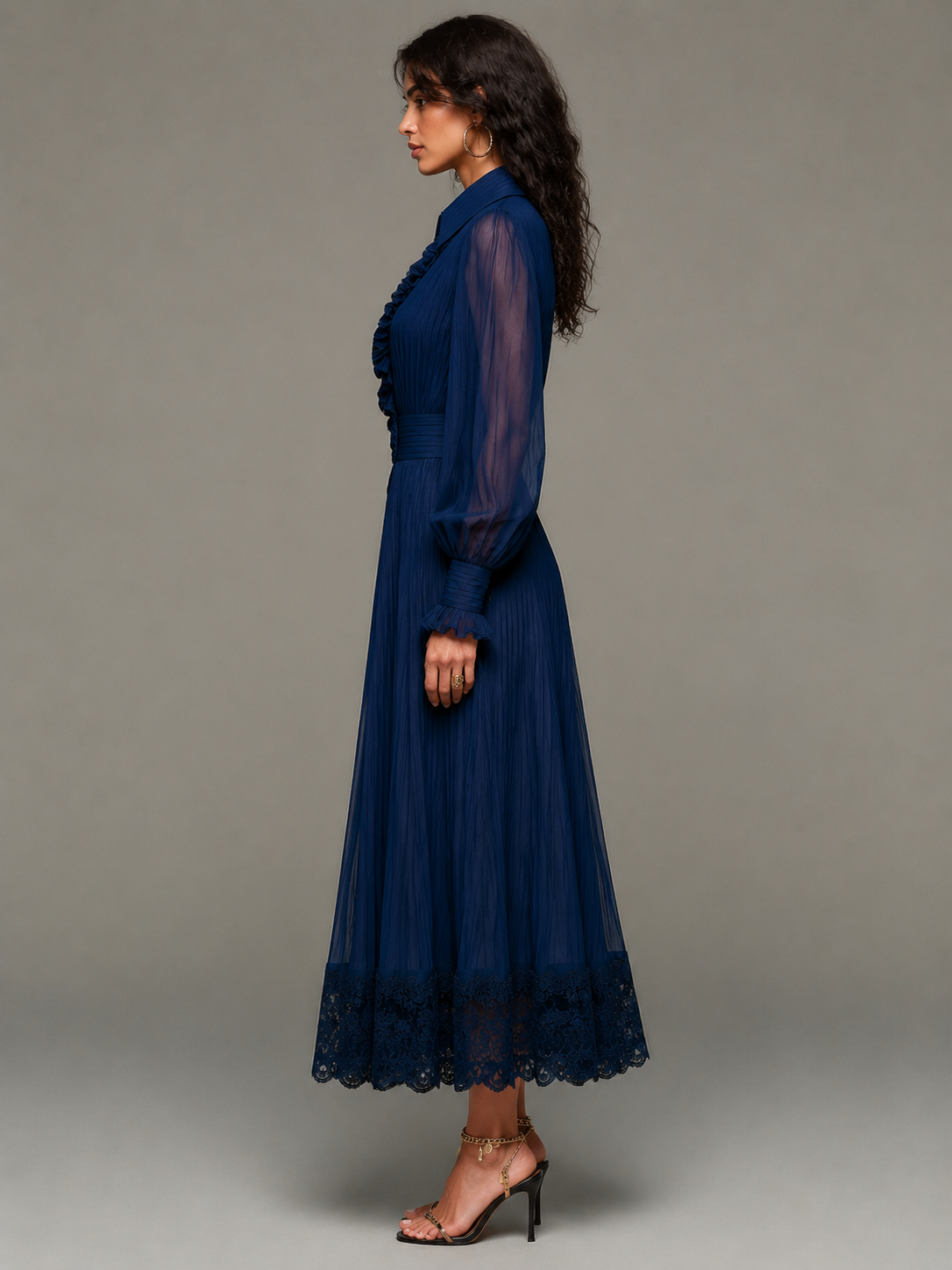 Navy Chiffon Pleated Ruffled Button-down Lace Maxi Dress