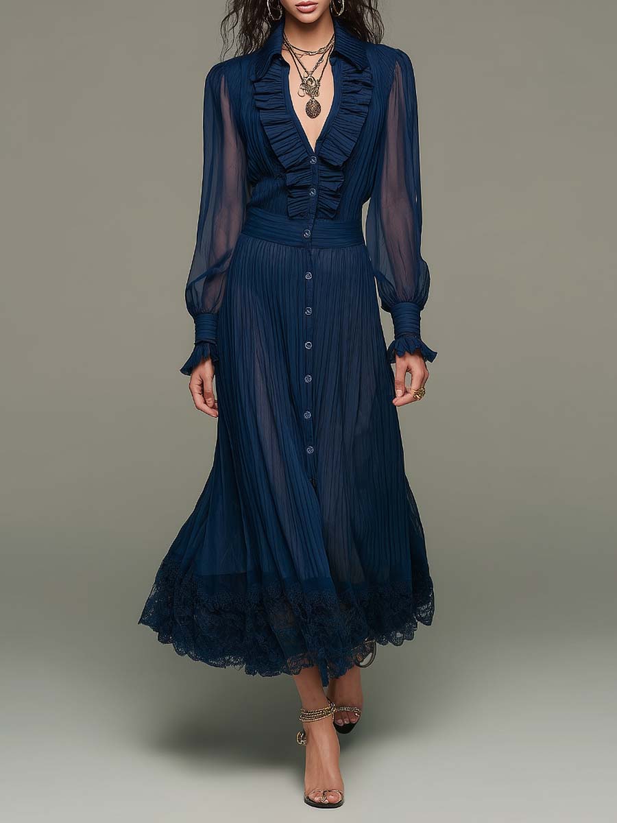 Navy Chiffon Pleated Ruffled Button-down Lace Maxi Dress