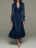 Navy Chiffon Pleated Ruffled Button-down Lace Maxi Dress