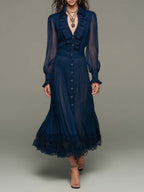 Navy Chiffon Pleated Ruffled Button-down Lace Maxi Dress