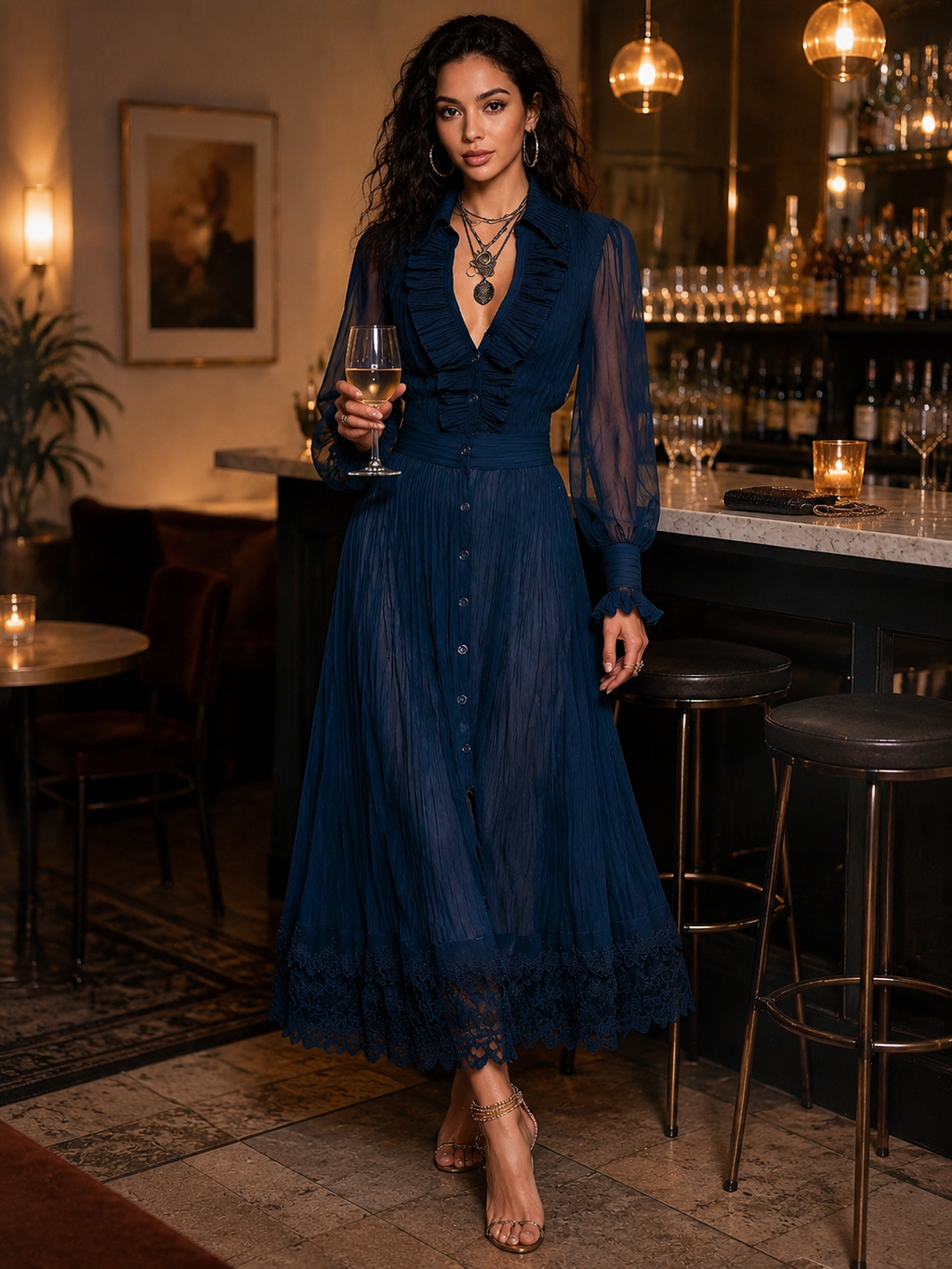 Navy Chiffon Pleated Ruffled Button-down Lace Maxi Dress