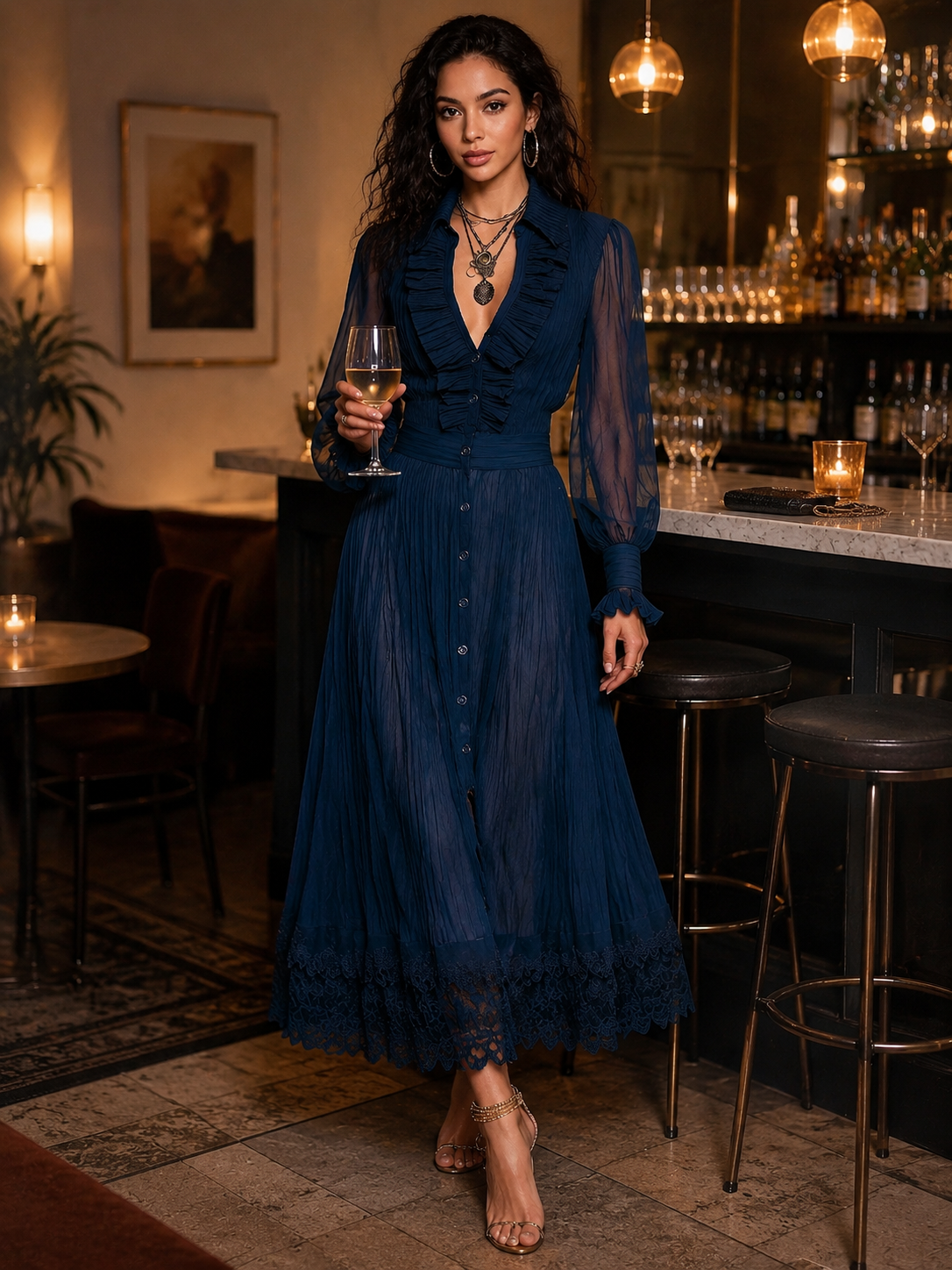 Navy Chiffon Pleated Ruffled Button-down Lace Maxi Dress