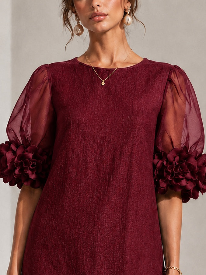 Burgundy Organza Puff-sleeved Mini Dress With Striking Floral Cuffs