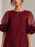 Burgundy Organza Puff-sleeved Mini Dress With Striking Floral Cuffs