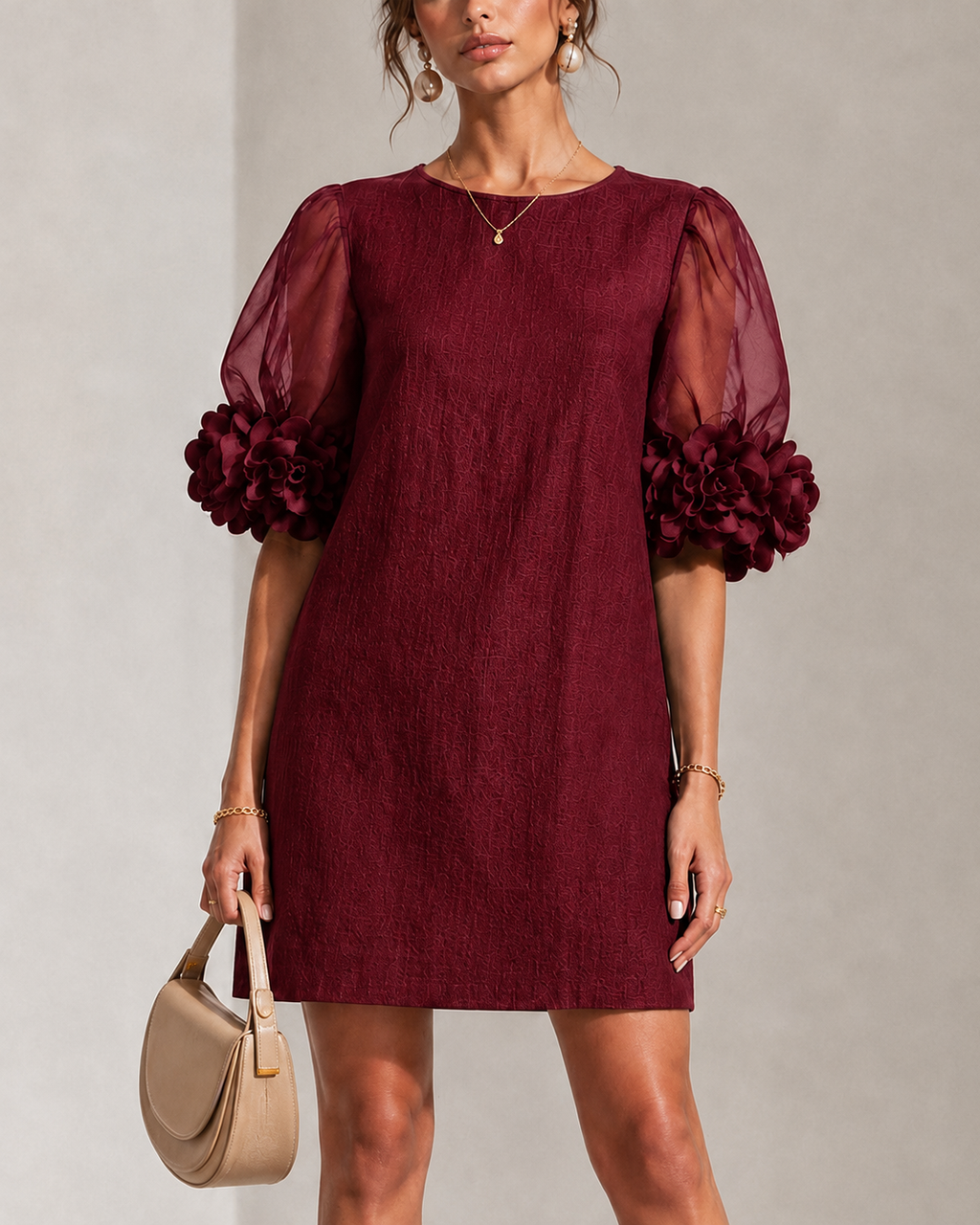 Burgundy Organza Puff-sleeved Mini Dress With Striking Floral Cuffs