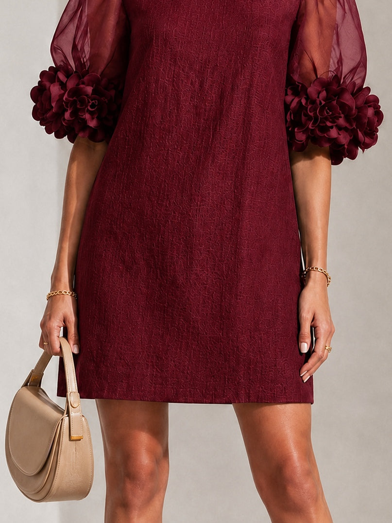 Burgundy Organza Puff-sleeved Mini Dress With Striking Floral Cuffs