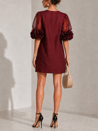 Burgundy Organza Puff-sleeved Mini Dress With Striking Floral Cuffs