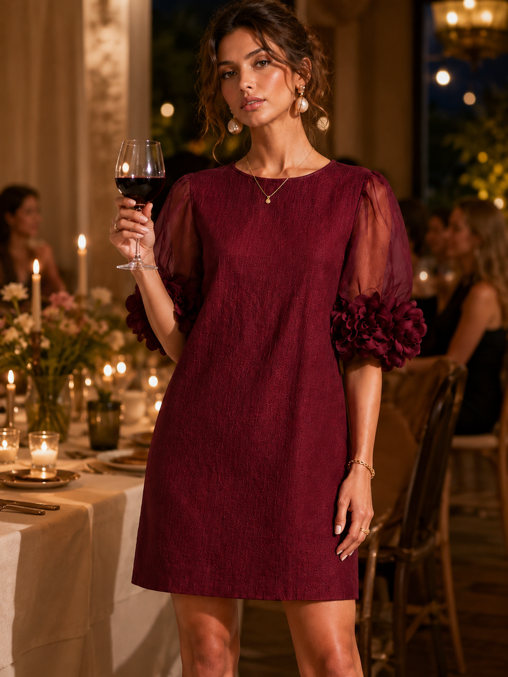 Burgundy Organza Puff-sleeved Mini Dress With Striking Floral Cuffs