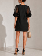 Black Organza Puff-sleeved Mini Dress With Striking Floral Cuffs
