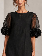 Black Organza Puff-sleeved Mini Dress With Striking Floral Cuffs