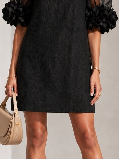 Black Organza Puff-sleeved Mini Dress With Striking Floral Cuffs