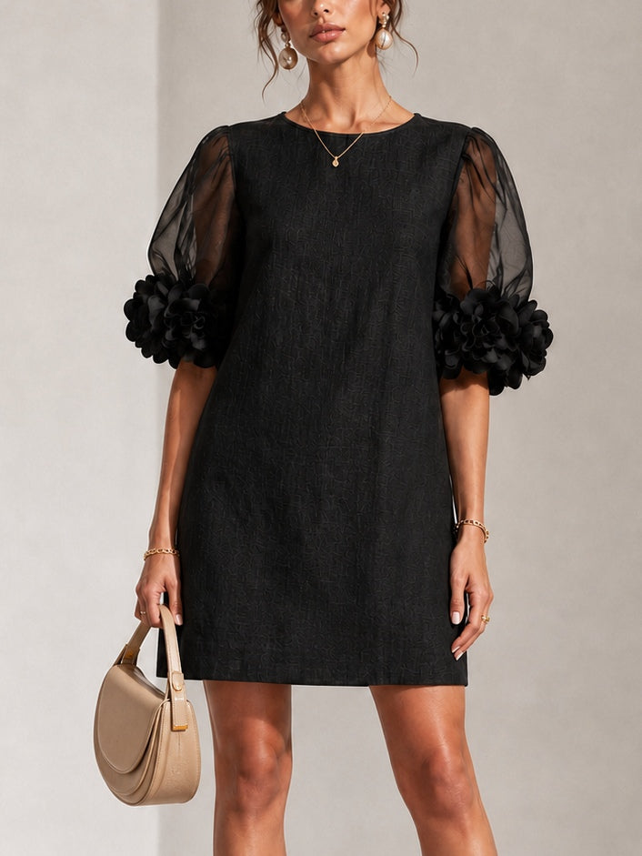 Black Organza Puff-sleeved Mini Dress With Striking Floral Cuffs