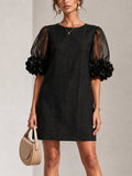 Black Organza Puff-sleeved Mini Dress With Striking Floral Cuffs