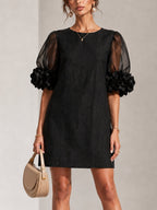 Black Organza Puff-sleeved Mini Dress With Striking Floral Cuffs