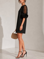 Black Organza Puff-sleeved Mini Dress With Striking Floral Cuffs