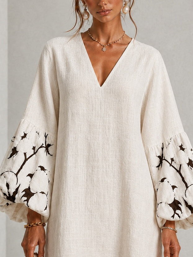 White V-neck Lantern Puff Sleeve Floral Print Mini Dress