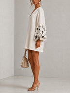 White V-neck Lantern Puff Sleeve Floral Print Mini Dress