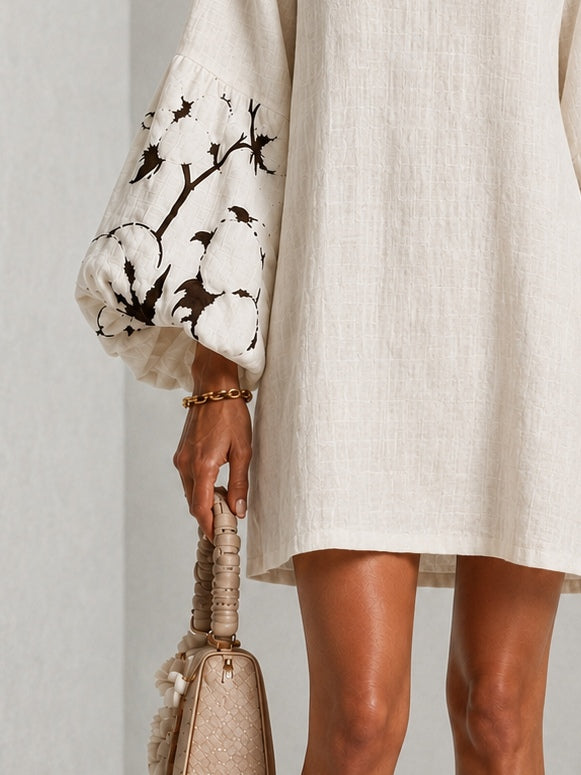 White V-neck Lantern Puff Sleeve Floral Print Mini Dress