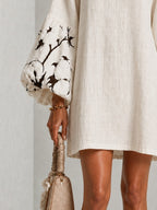 White V-neck Lantern Puff Sleeve Floral Print Mini Dress