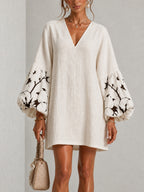 White V-neck Lantern Puff Sleeve Floral Print Mini Dress