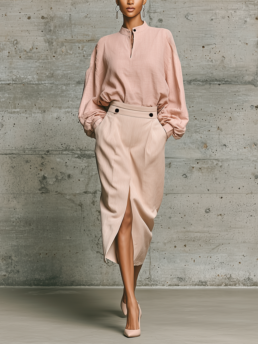 Pink Stand-up Collar Loose Shirt And High-waisted Beige Midi Skirt Suit