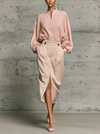 Pink Stand-up Collar Loose Shirt And High-waisted Beige Midi Skirt Suit