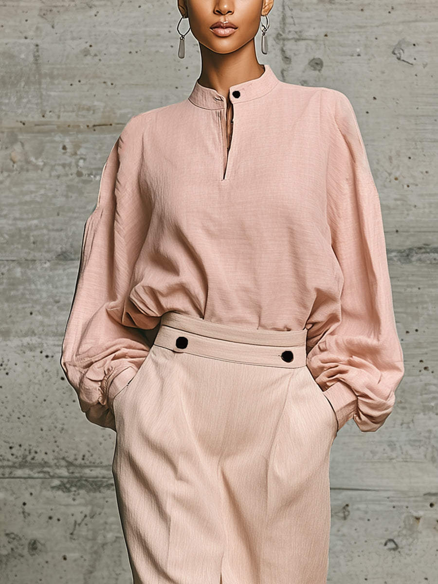 Pink Stand-up Collar Loose Shirt And High-waisted Beige Midi Skirt Suit