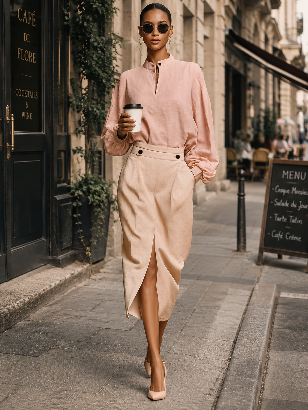 Pink Stand-up Collar Loose Shirt And High-waisted Beige Midi Skirt Suit