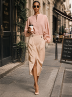 Pink Stand-up Collar Loose Shirt And High-waisted Beige Midi Skirt Suit