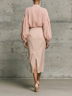Pink Stand-up Collar Loose Shirt And High-waisted Beige Midi Skirt Suit