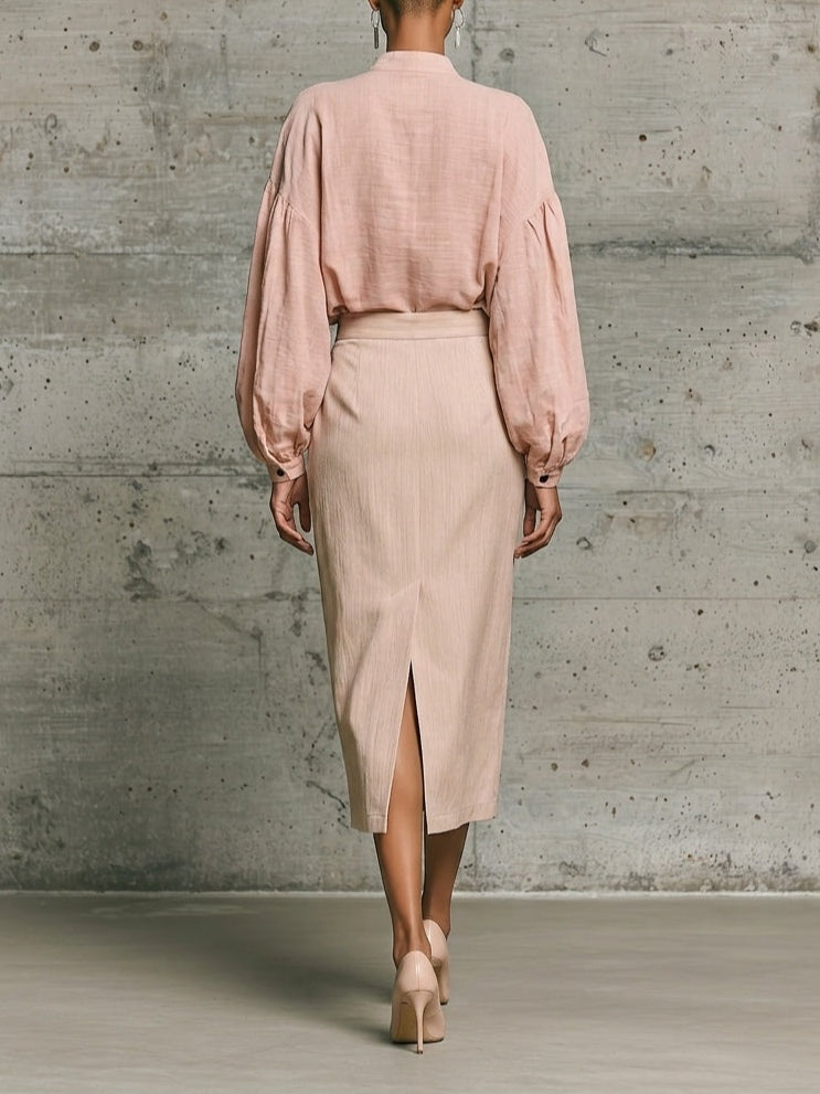 Pink Stand-up Collar Loose Shirt And High-waisted Beige Midi Skirt Suit