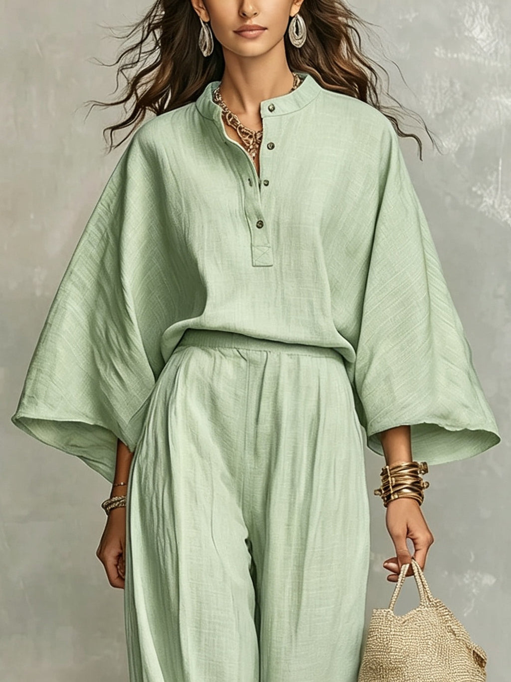 Sage Mist Half-open Loose Top And Wide-leg Pants Set