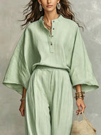 Sage Mist Half-open Loose Top And Wide-leg Pants Set