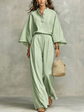Sage Mist Half-open Loose Top And Wide-leg Pants Set