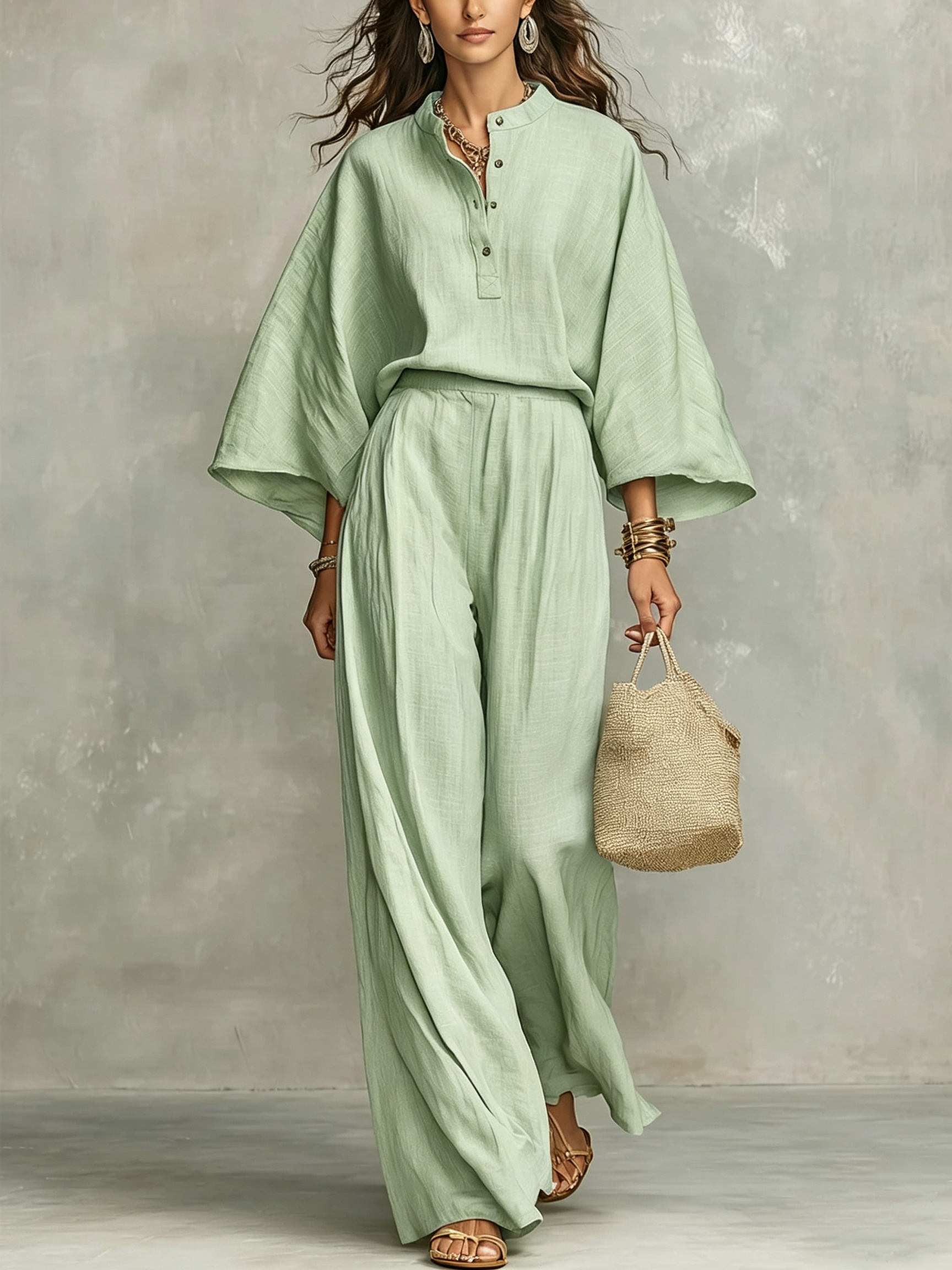 Sage Mist Half-open Loose Top And Wide-leg Pants Set