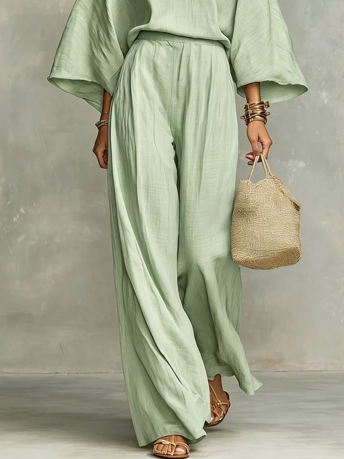 Sage Mist Half-open Loose Top And Wide-leg Pants Set