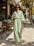 Sage Mist Half-open Loose Top And Wide-leg Pants Set