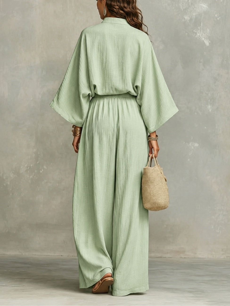 Sage Mist Half-open Loose Top And Wide-leg Pants Set