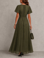 Olive Green Twisted Waist Flutter Sleeve Maxi Dress