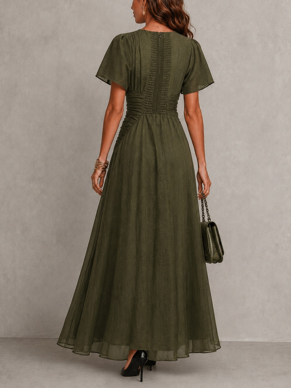 Olive Green Twisted Waist Flutter Sleeve Maxi Dress