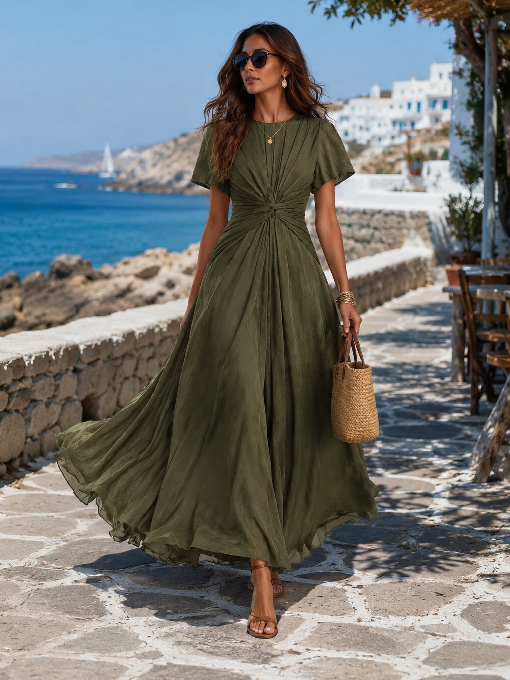 Olive Green Twisted Waist Flutter Sleeve Maxi Dress
