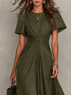 Olive Green Twisted Waist Flutter Sleeve Maxi Dress