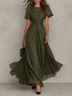 Olive Green Twisted Waist Flutter Sleeve Maxi Dress