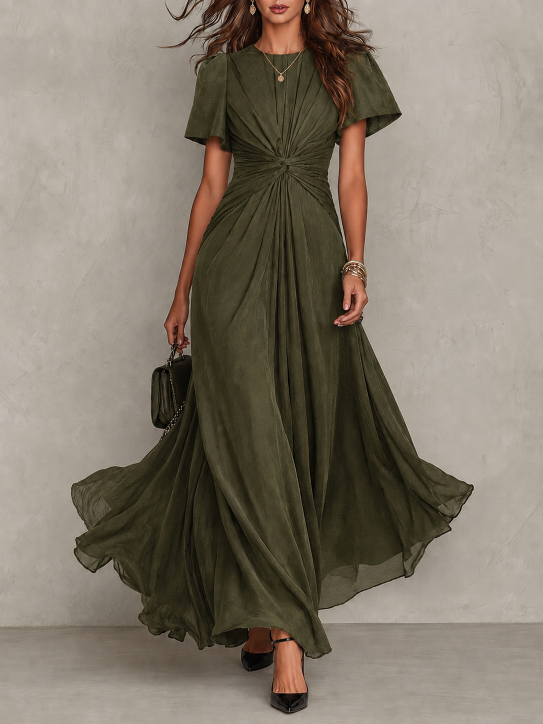 Olive Green Twisted Waist Flutter Sleeve Maxi Dress