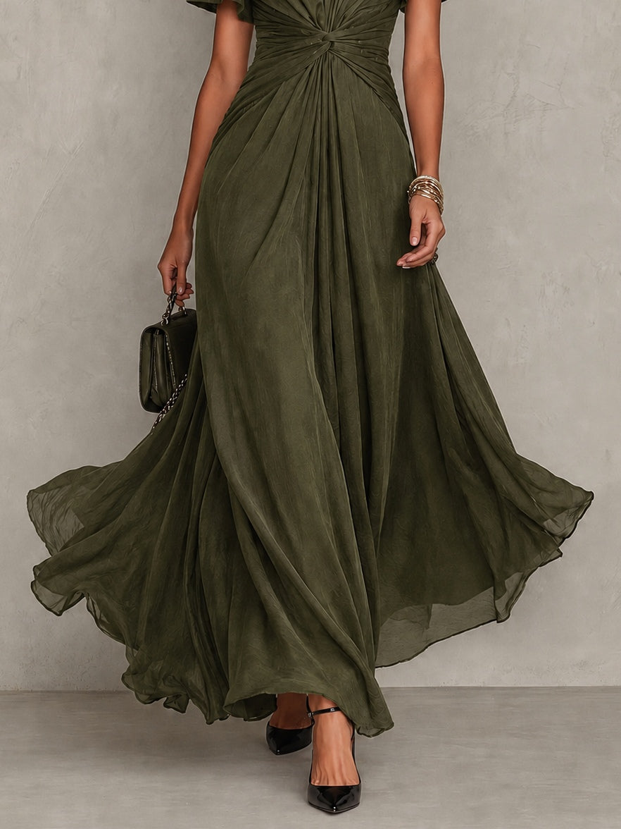 Olive Green Twisted Waist Flutter Sleeve Maxi Dress