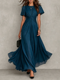 Dark Blue Twisted Waist Flutter Sleeve Maxi Dress