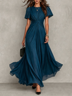 Dark Blue Twisted Waist Flutter Sleeve Maxi Dress